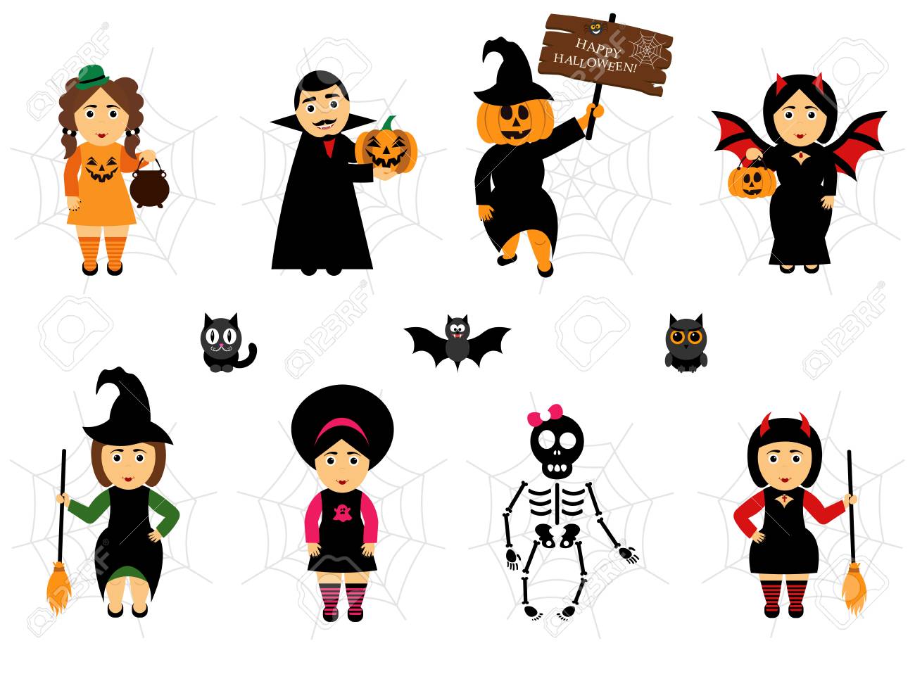 Vector set for Halloween in cartoon style. People in holiday..