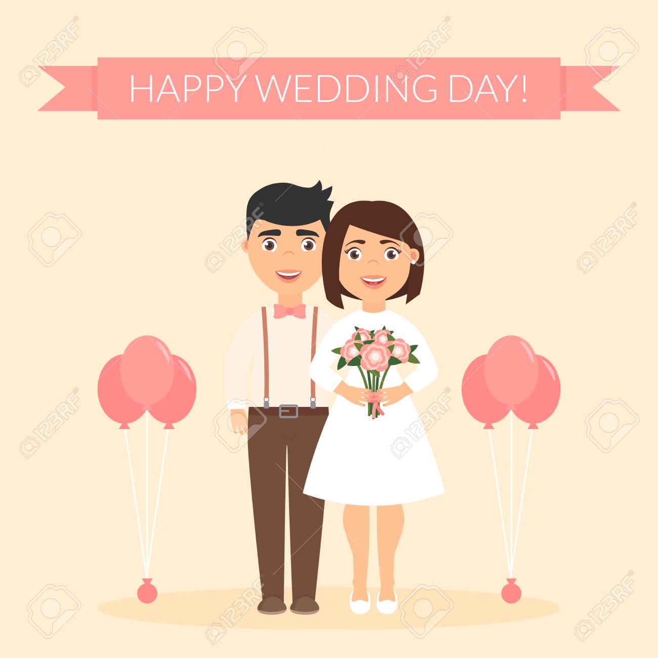 Banque d\u0027images , Jour de mariage heureux. Carte de voeux pour les jeunes mariés. Illustration vectorielle festive. Mignon beau couple.