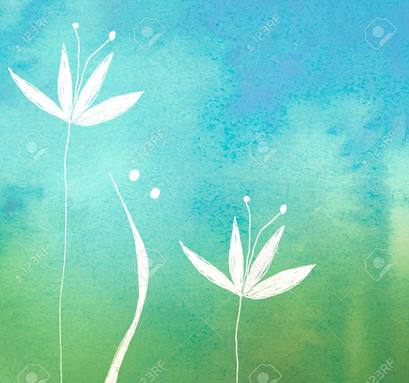 white flower on green painted watercolor background - 50343700 white flower on green painted watercolor background - 50343700