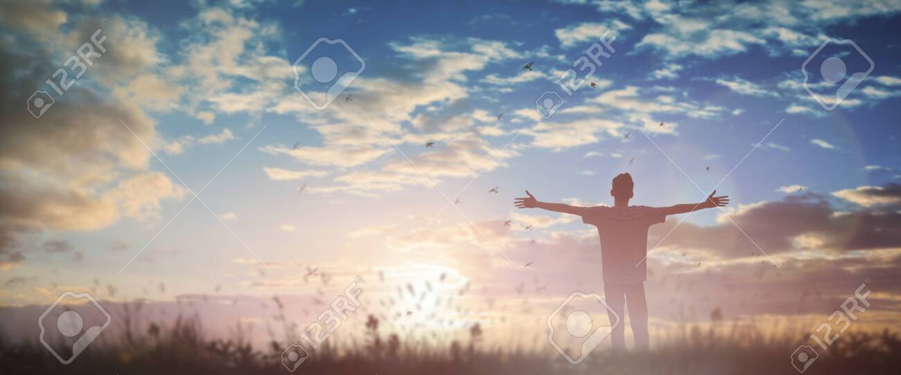Happy Man Rise Hand Worship God In Morning View. Christian Spirit Prayer Praise On Good Friday Background. Male Self Confidence Empowerment On Mission Arm Concept Strength Wisdom Ambitious Stock Photo, Picture And Happy Man Rise Hand Worship God In Morning View. Christian Spirit Prayer Praise On Good Friday Background. Male Self Confidence Empowerment On Mission Arm Concept Strength Wisdom Ambitious Stock Photo, Picture And