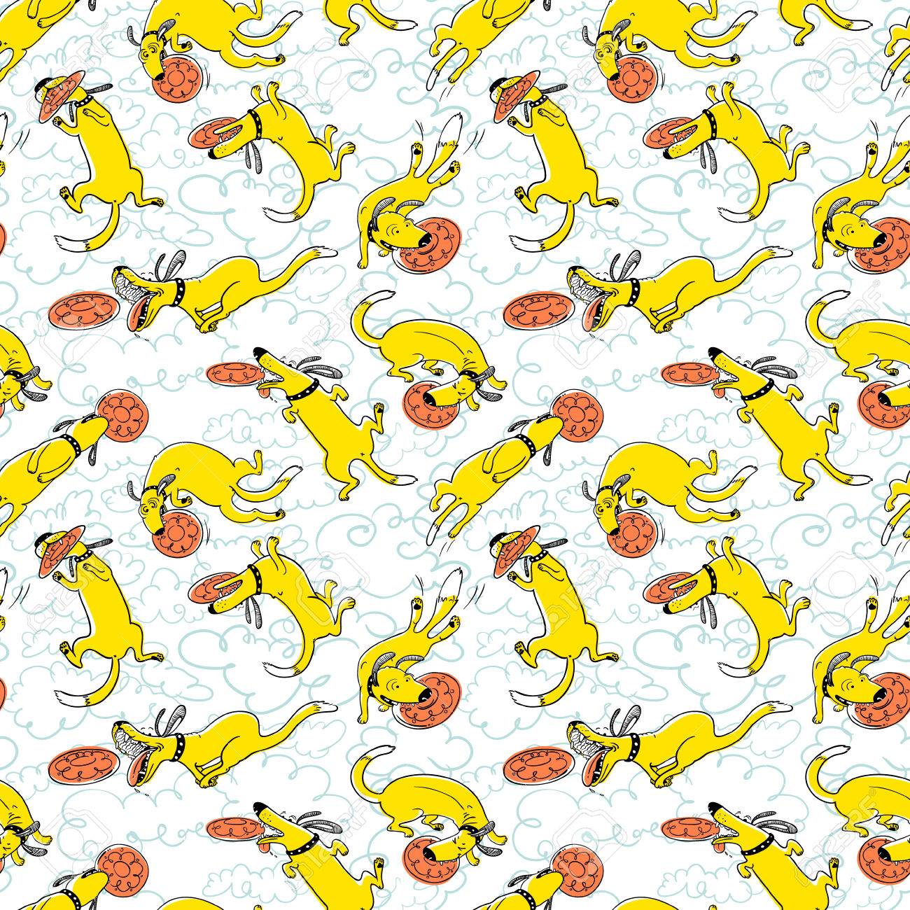 犬のかわいい機能ベクトル シームレス パターン フリスビー スポーツ ペットを持つ背景を落書き 変な動物再生 つかまえ そしてプラスチック製のディスクを取得します 雲を背景にカラー バージョンのイラスト素材 ベクタ Image