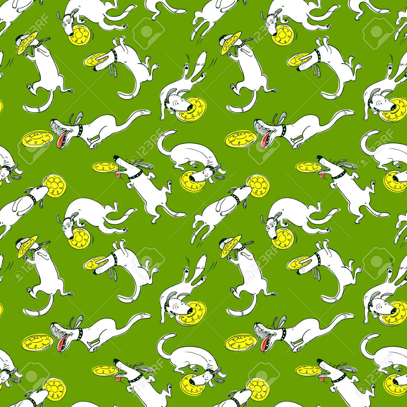 犬のかわいい活動ベクトル シームレス パターン フリスビー スポーツ ペットを持つ背景を落書き 変な動物再生 つかまえ そしてプラスチック製のディスクを取得します のイラスト素材 ベクタ Image