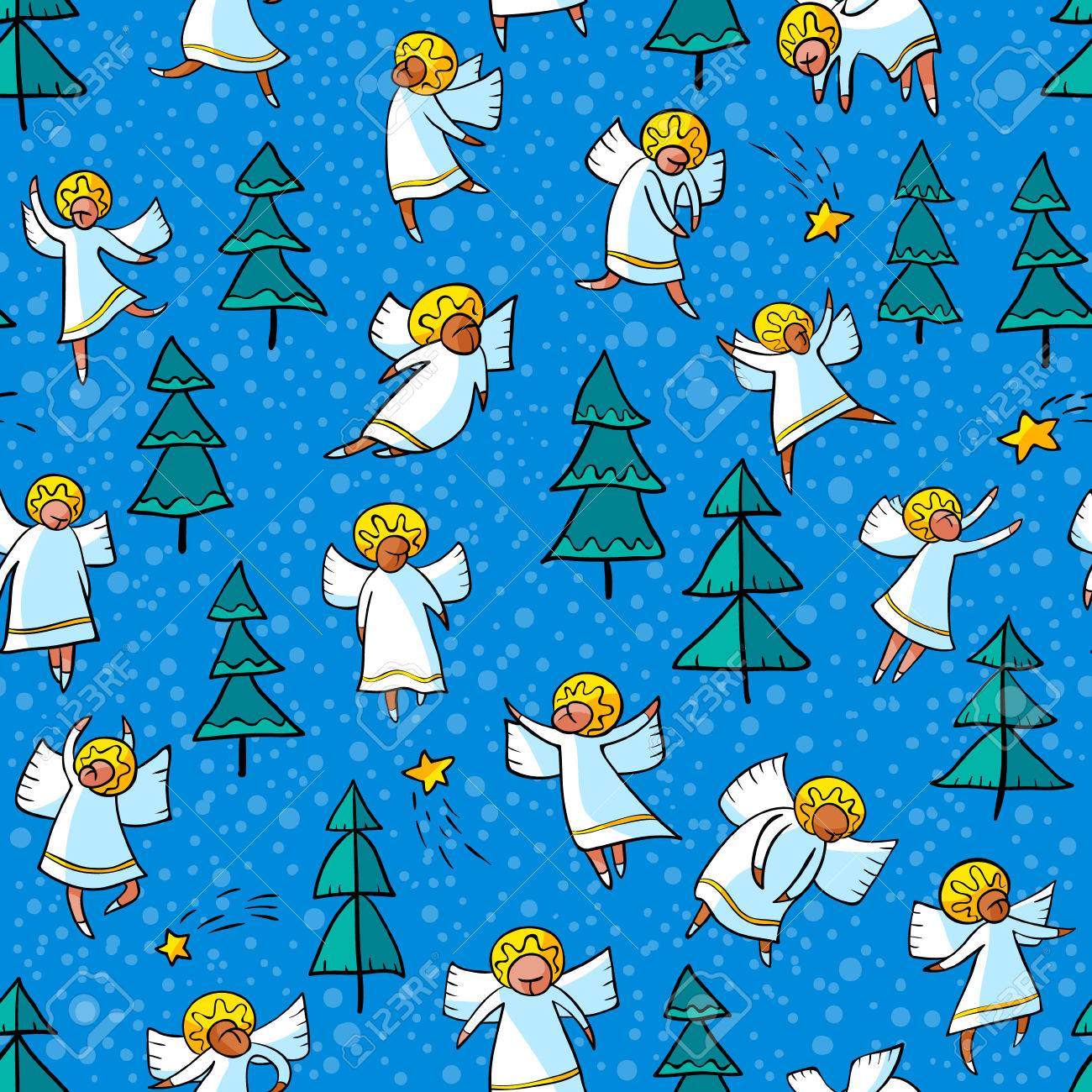 Modèle Sans Couture Avec Des Anges Dansants Et Des Pins Et Des étoiles Fond De Noël Dhiver Avec Des Caractères De Religion De Myphologie
