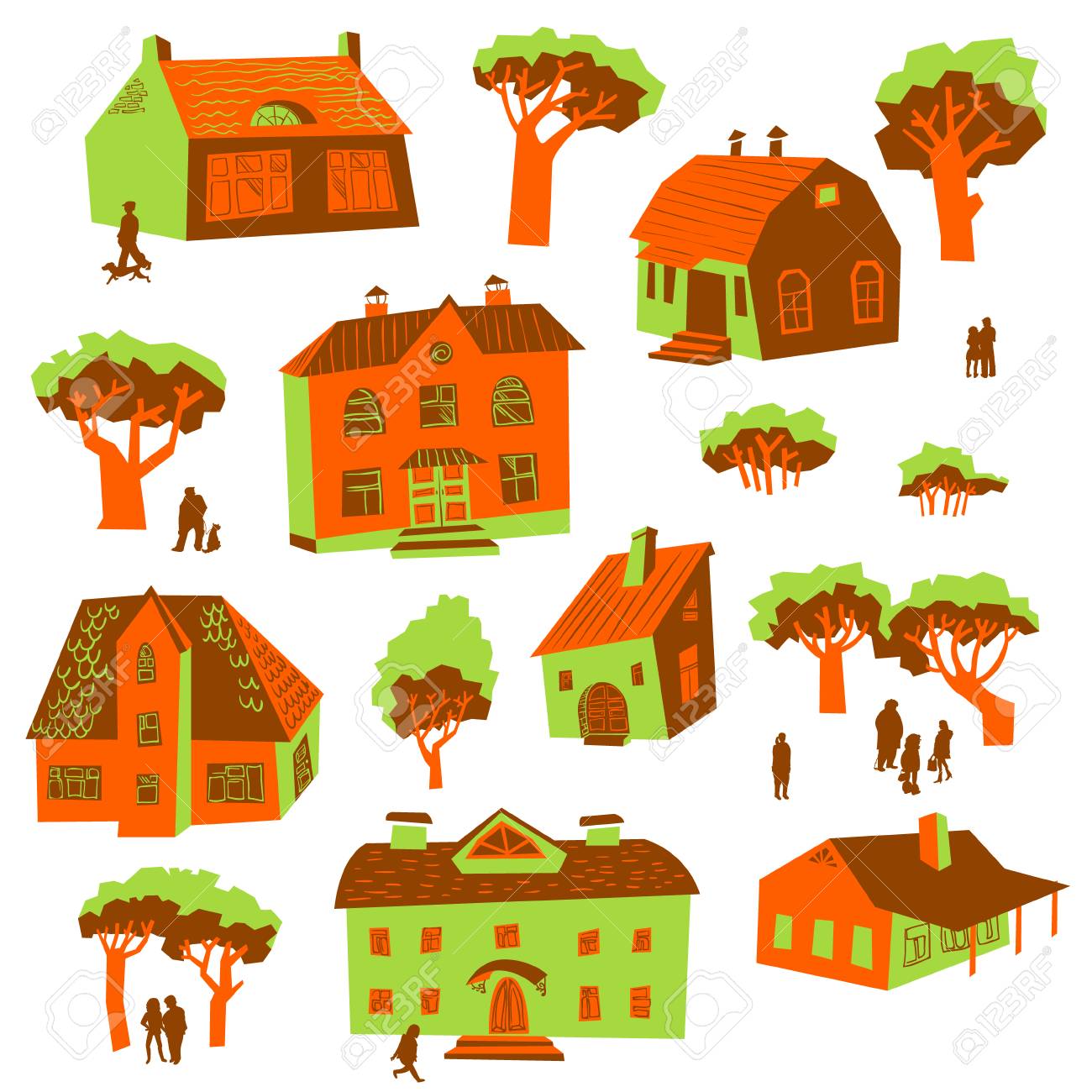 Architecture Design Elements Set Of Cute Buildings Doodle Houses