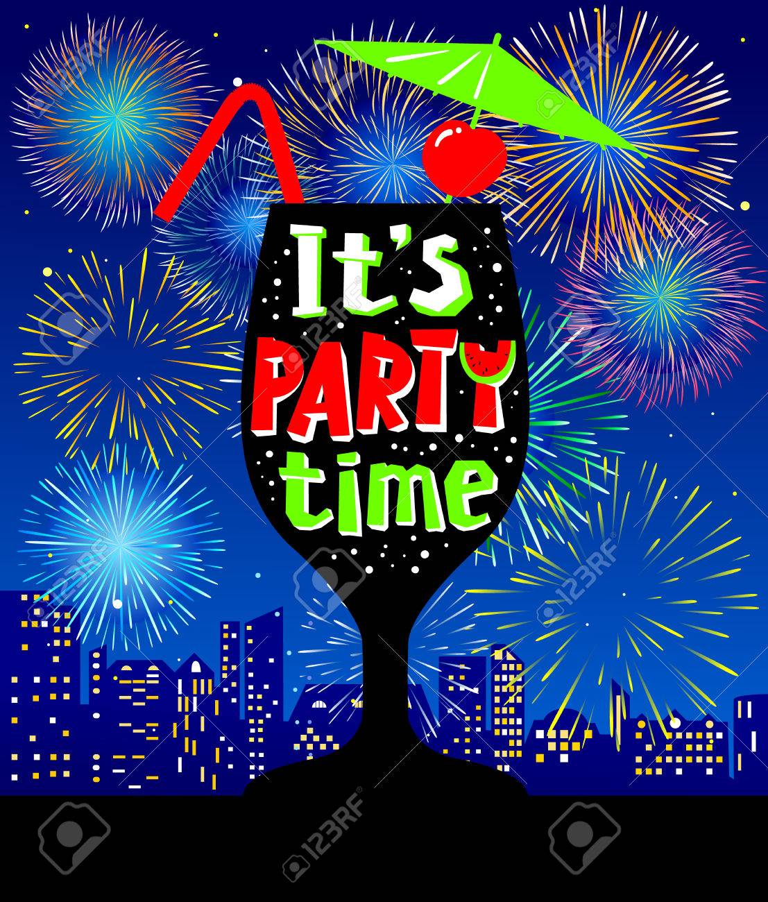 カクテル パーティーの背景 街の明かりと休日の花火で都市の夜間景観のガラス シルエット かわいいスタイルのパーティー時間レタリングです 休日党ベクトル ポスターのイラスト素材 ベクタ Image