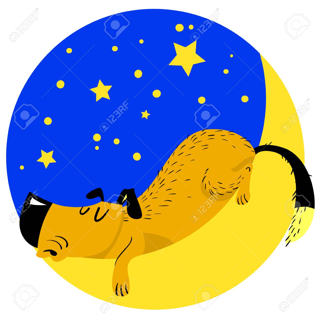 犬眠る 疲れてペット月に眠っています 星空の背景を持つかわいい犬とベクトル漫画イラスト のイラスト素材 ベクタ Image