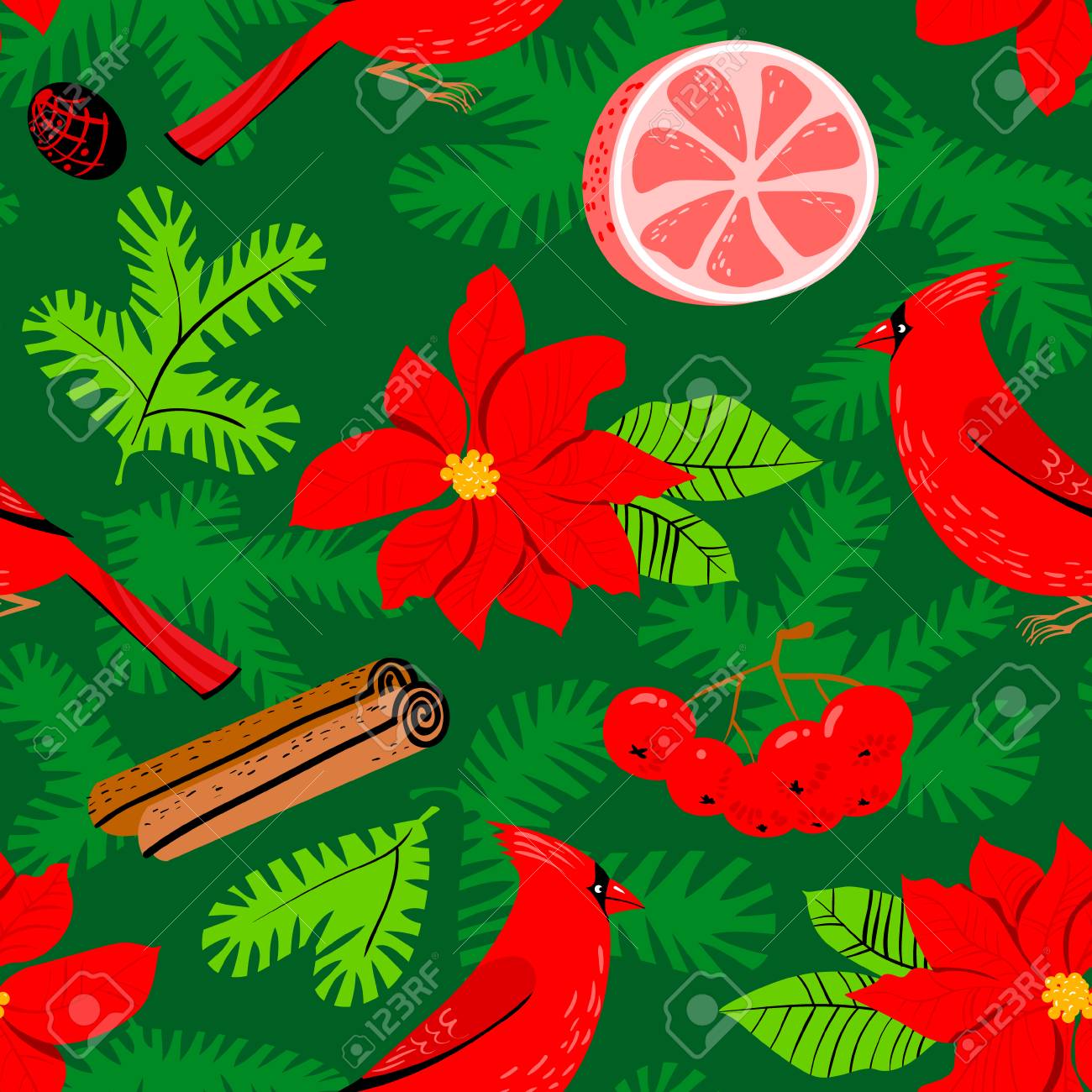 Fond De Noël Avec Poinsettia Fleur Rouge Motif Florale Dhiver Sans Floraison Avec Oiseau Cardinal Pamplemousse Canelle Branches De Sapin Design