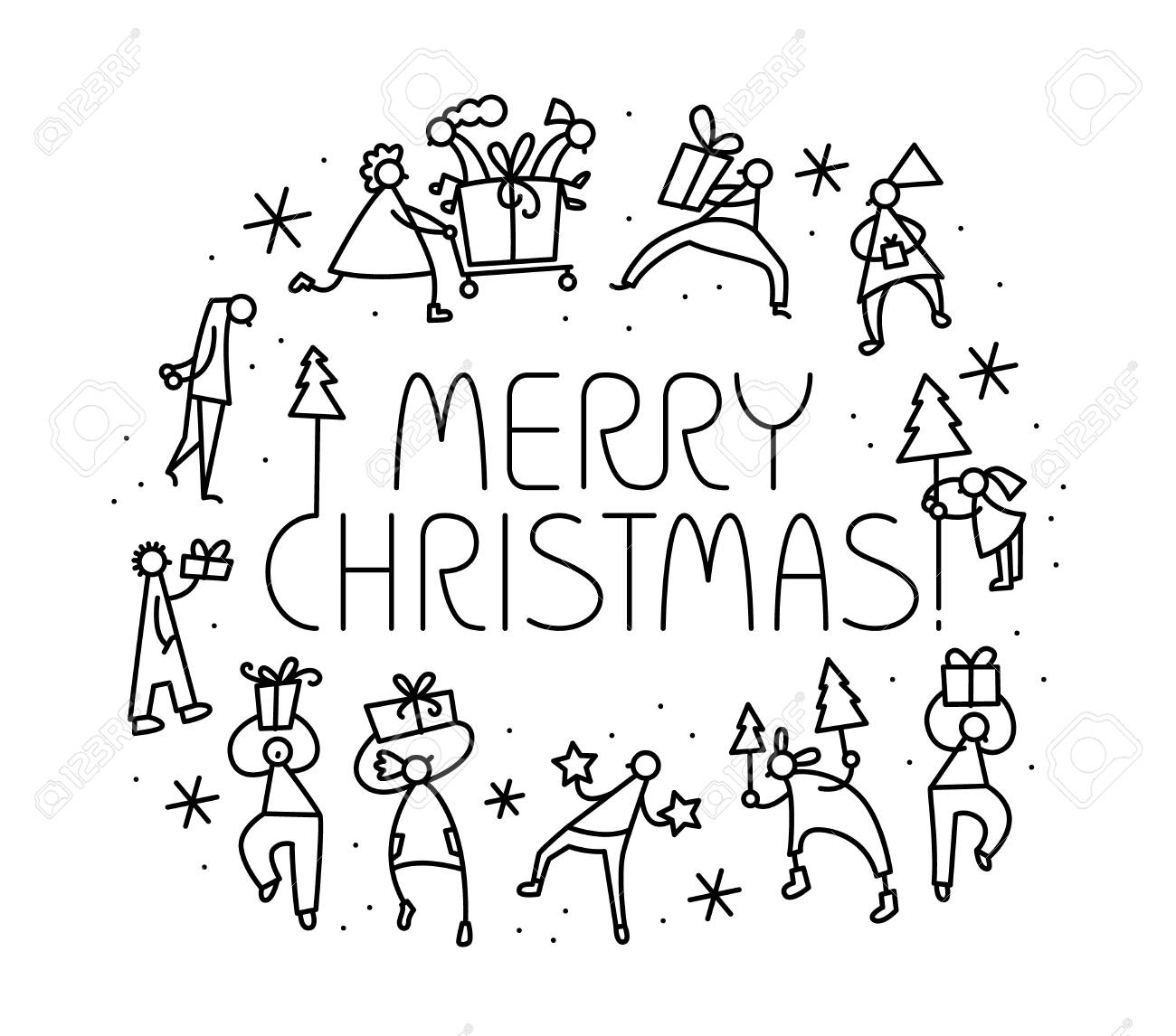 贈り物やクリスマスツリーを持つ人々とクリスマスグリーティングカード ショッピングの男女と冬の季節の背景 ベクトルイラスト 黒と白の色で落書きシンプルなスタイルでデザインのイラスト素材 ベクタ Image