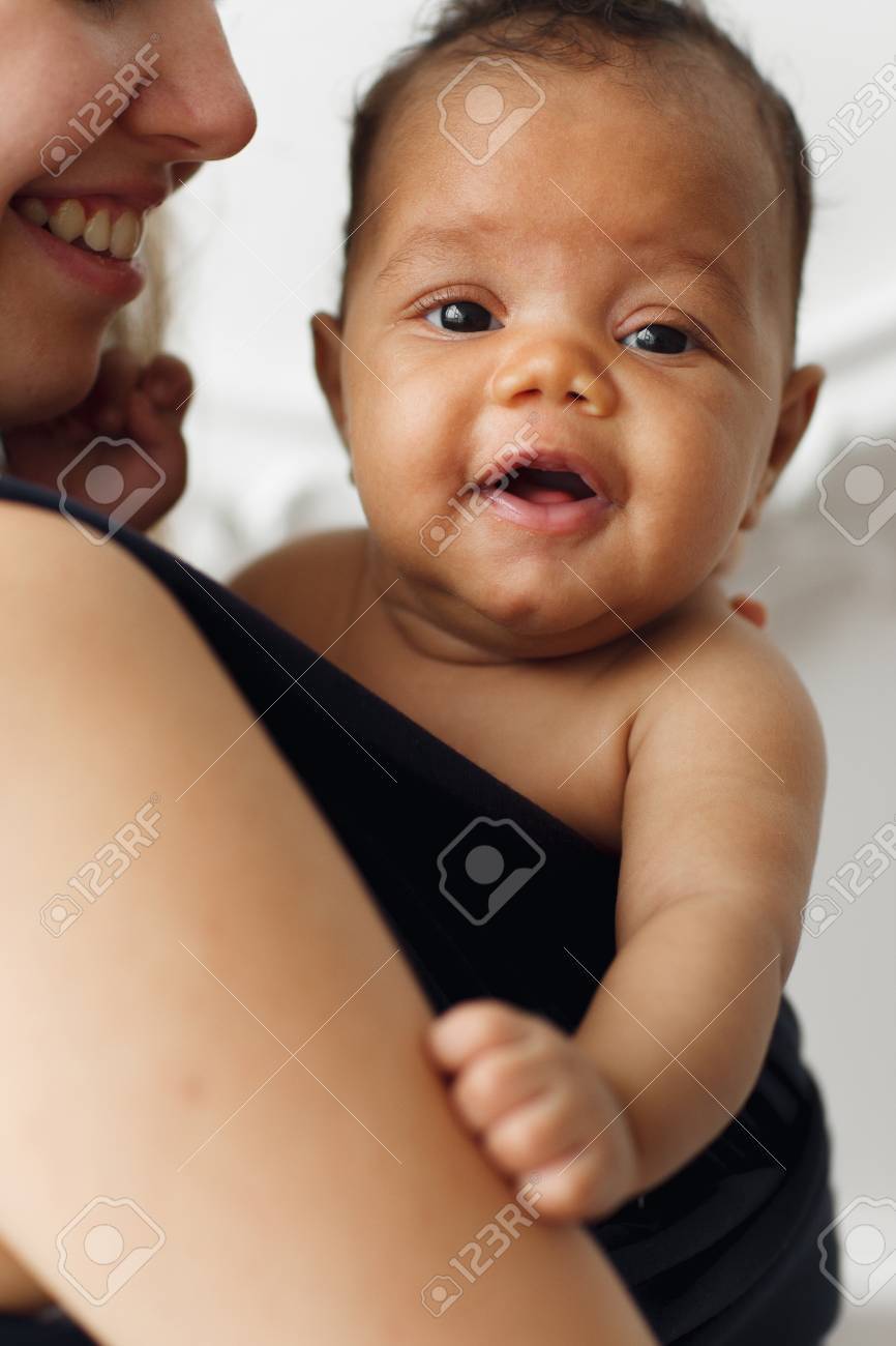 Smiling Adorable Baby With Mother In Sling Cute Newborn Happy