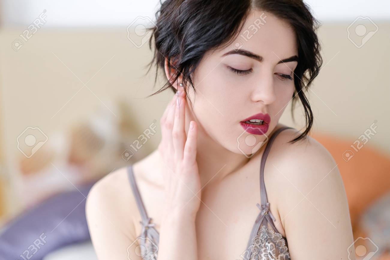 Seduction Sexual Pleasure And Delight Concept. Young Sexy Horny Hot Sensual  Sexually Aroused Brunette Girl In Lingerie In Her Bedroom Stock Photo,  Picture and Royalty Free Image. Image 101602240.