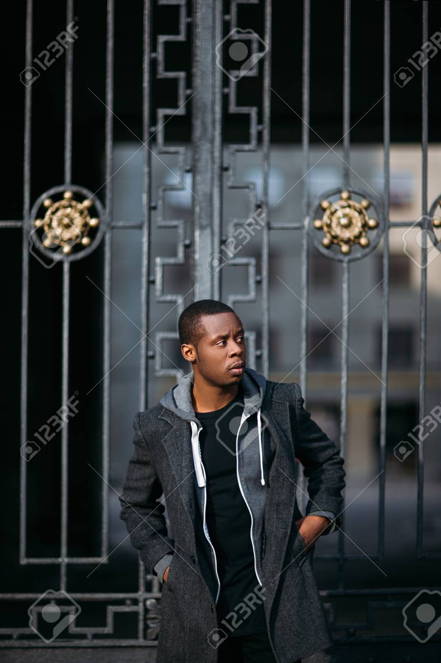 Thoughtful black male model. Urban life. Pensive African American..