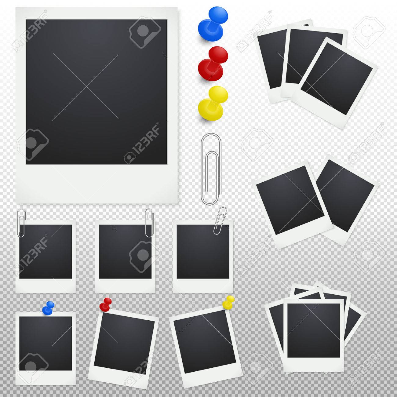 set of polaroid photo frames with clips and thumbtacks on a