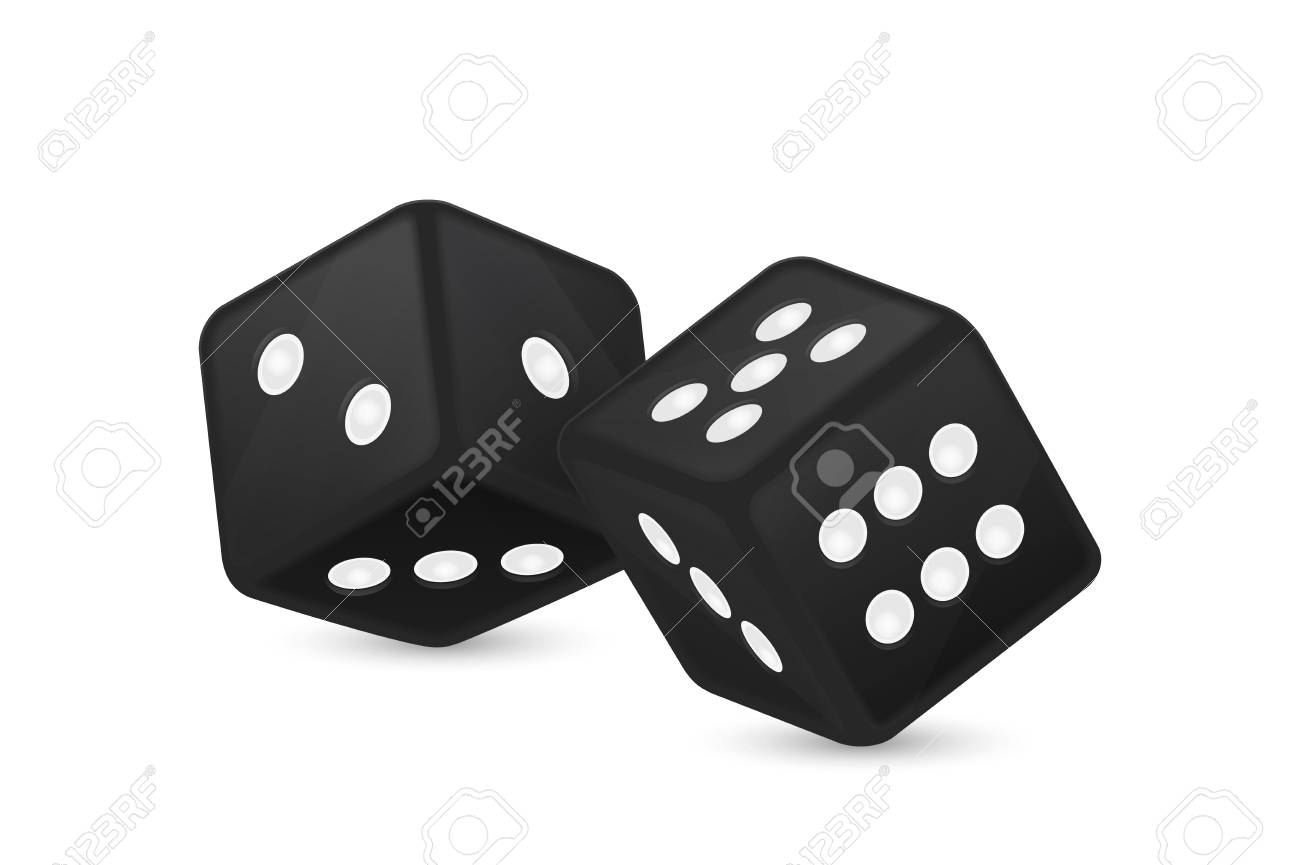 白い背景に隔離された飛行中のクローズアップで黒の現実的なゲームサイコロアイコンのベクトルイラスト アプリ ウェブ インフォグラフィック 広告 モックアップなどのためのカジノギャンブルデザインテンプレートのイラスト素材 ベクタ Image