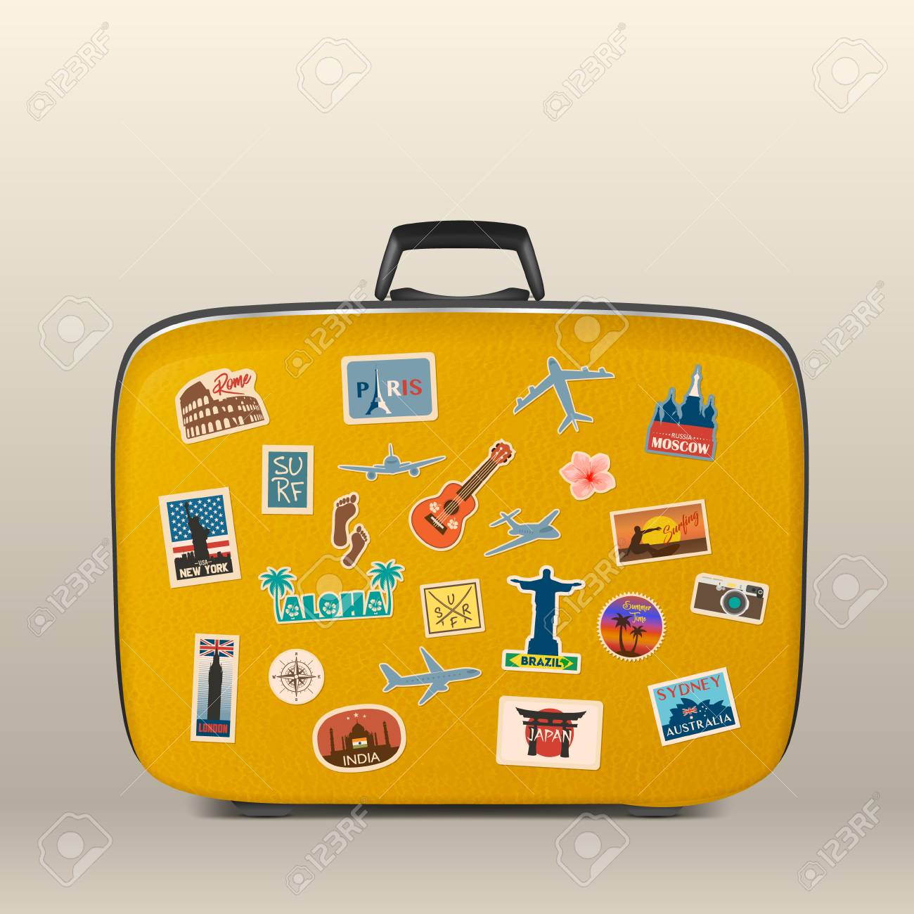 Vector travel stickers, labels with famous countries, cities, monuments and symbols on suitcase in retro vintage style isolated on white. Includes Italy, France, Russia, USA, England, India, Japan etc. - 92641887 Vector travel stickers, labels with famous countries, cities, monuments and symbols on suitcase in retro vintage style isolated on white. Includes Italy, France, Russia, USA, England, India, Japan etc. - 92641887