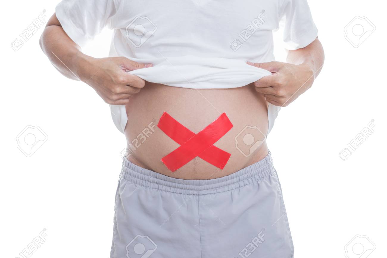 デブ男表示赤ラベル腹 の写真素材 画像素材 Image