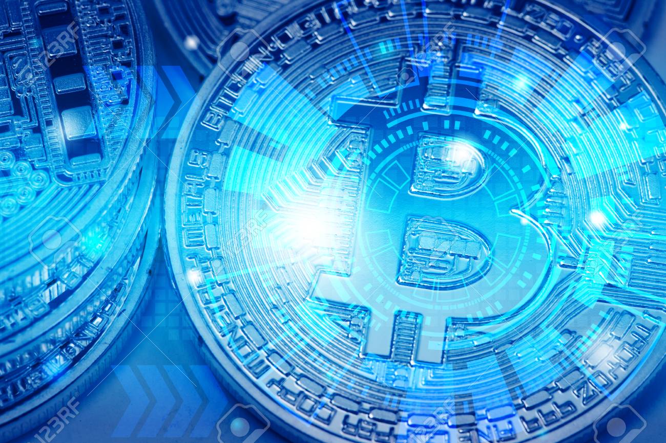 Double Exposure Of Bitcoin With Technology Graphic Design Background - 