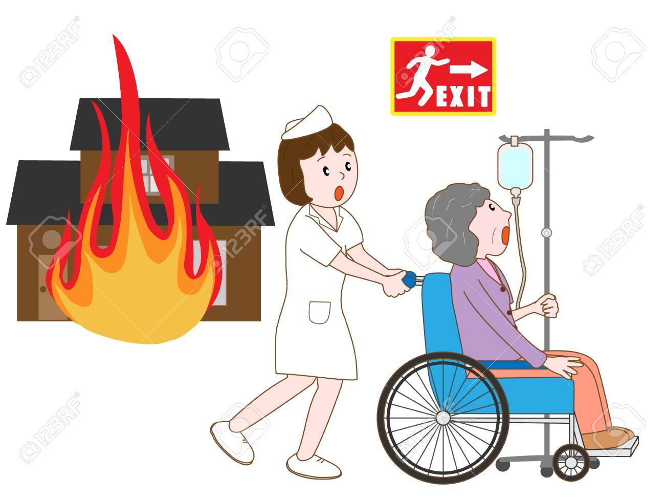 火事で避難する入院患者 のイラスト素材 ベクタ Image 火事で避難する入院患者 のイラスト素材 ベクタ Image