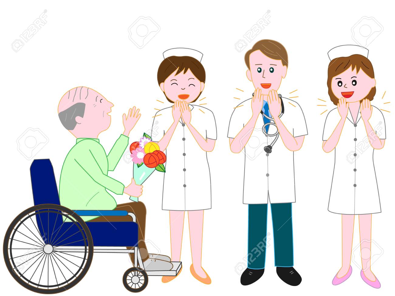 医師と看護師は車椅子で高齢者のための病院にオフのイラスト素材 ベクタ Image
