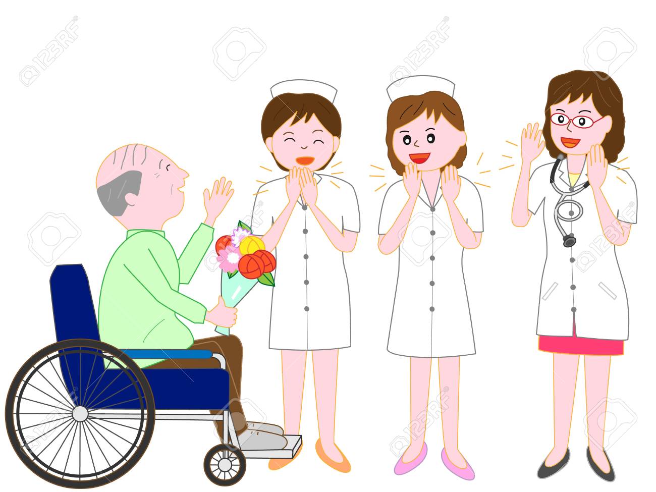 医師と看護師は車椅子で高齢者のための病院にオフのイラスト素材 ベクタ Image