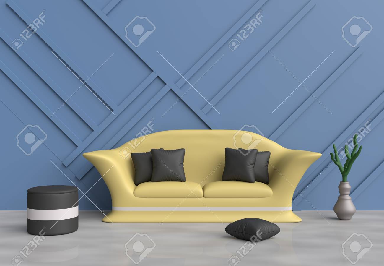 Blue Living Room Are Decorated With Yellow Sofa Black Pillows Stock Photo Picture And Royalty Free Image Image 77370623
