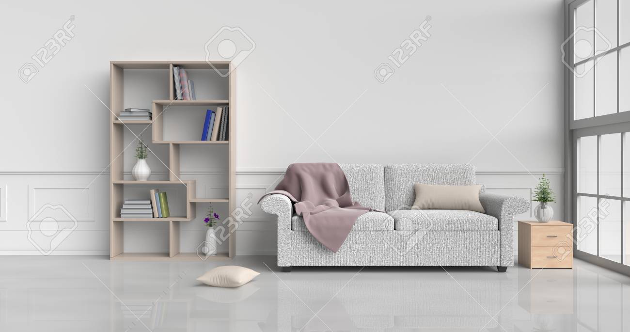 Witte Kamer Ingericht Met Crème Bank, Boom In Glazen Vaas ... Witte Kamer Ingericht Met Crème Bank, Boom In Glazen Vaas ...