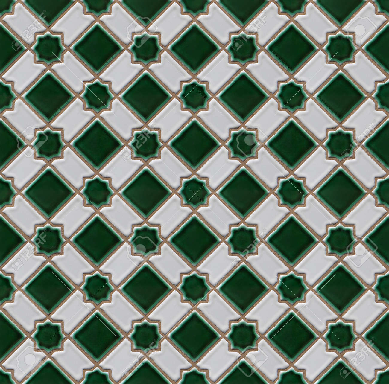 Green And White Checked Ceramic Tiles Seamless Background Stock