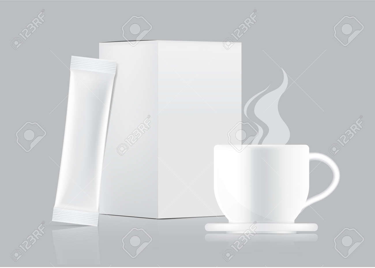 Download 3d Glossy Stick Sachet Mockup And Cup With Paper Box Isolated Royalty Free Cliparts Vectors And Stock Illustration Image 156198594