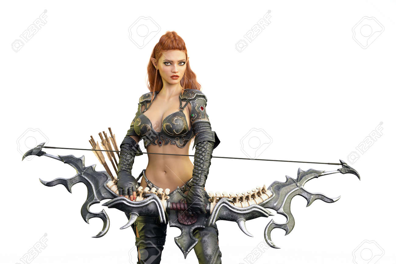 Gorgeous Young Elf Woman Wearing A Sexy Elven Archer Costume With Bare  Midriff And Holding An Ornate Archery Bow. 3D Illustration Isolated On  White. Фотография, картинки, изображения и сток-фотография без роялти. Image