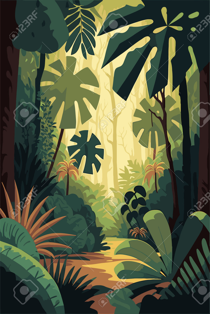 Jungle Background Vector Flat Color Cartoon Illustration. Bright Jungle In  The Morning For Poster Banner, Game, Invitation Card Template Royalty Free  SVG, Cliparts, Vectors, and Stock Illustration. Image 196294571., image size:867x1300