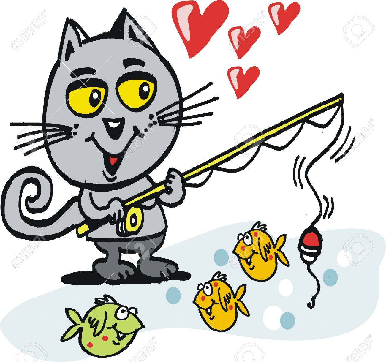 釣り竿と笑みを浮かべて猫のベクトルの漫画 のイラスト素材 ベクタ Image