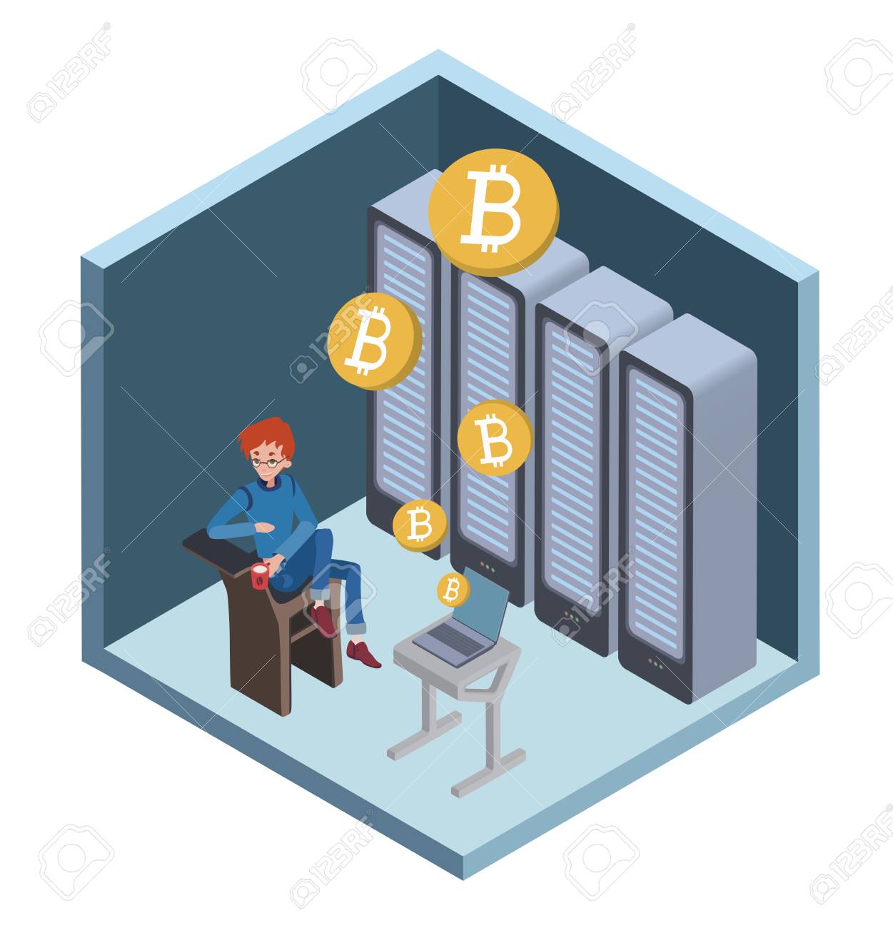 マイニング Bitcoin のコンセプトです。若い男は、サーバー室のコンピューターで座っています。Cryptocurrency ・ マイニング ・  ファーム。のイラスト素材・ベクター Image 81126401