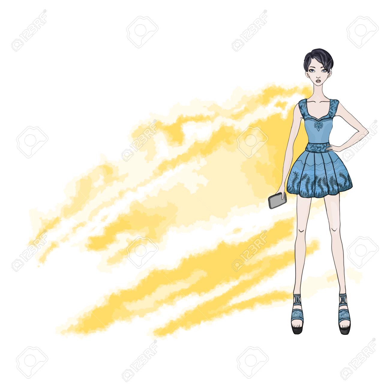 Cute Young Short Haired Girl In A Short Dress With A Smartphone