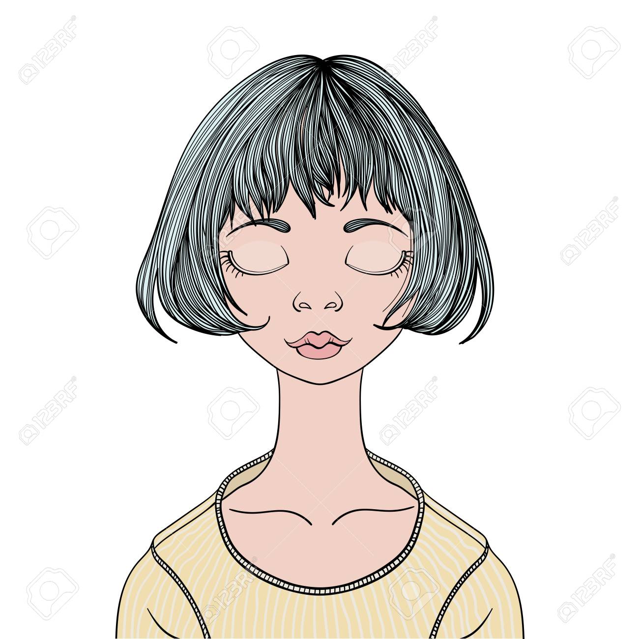 閉じた目を持つ少女 ベクトルの肖像画イラスト 白い背景で隔離 のイラスト素材 ベクタ Image