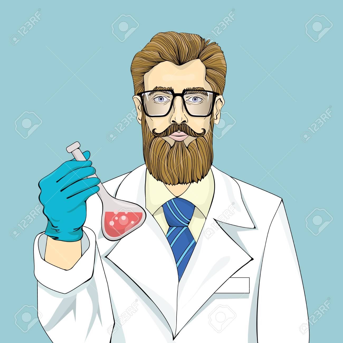 白衣の髭がある科学者は 赤い液でバイアルを保持しています のイラスト素材 ベクタ Image 白衣の髭がある科学者は 赤い液でバイアルを保持しています のイラスト素材 ベクタ Image