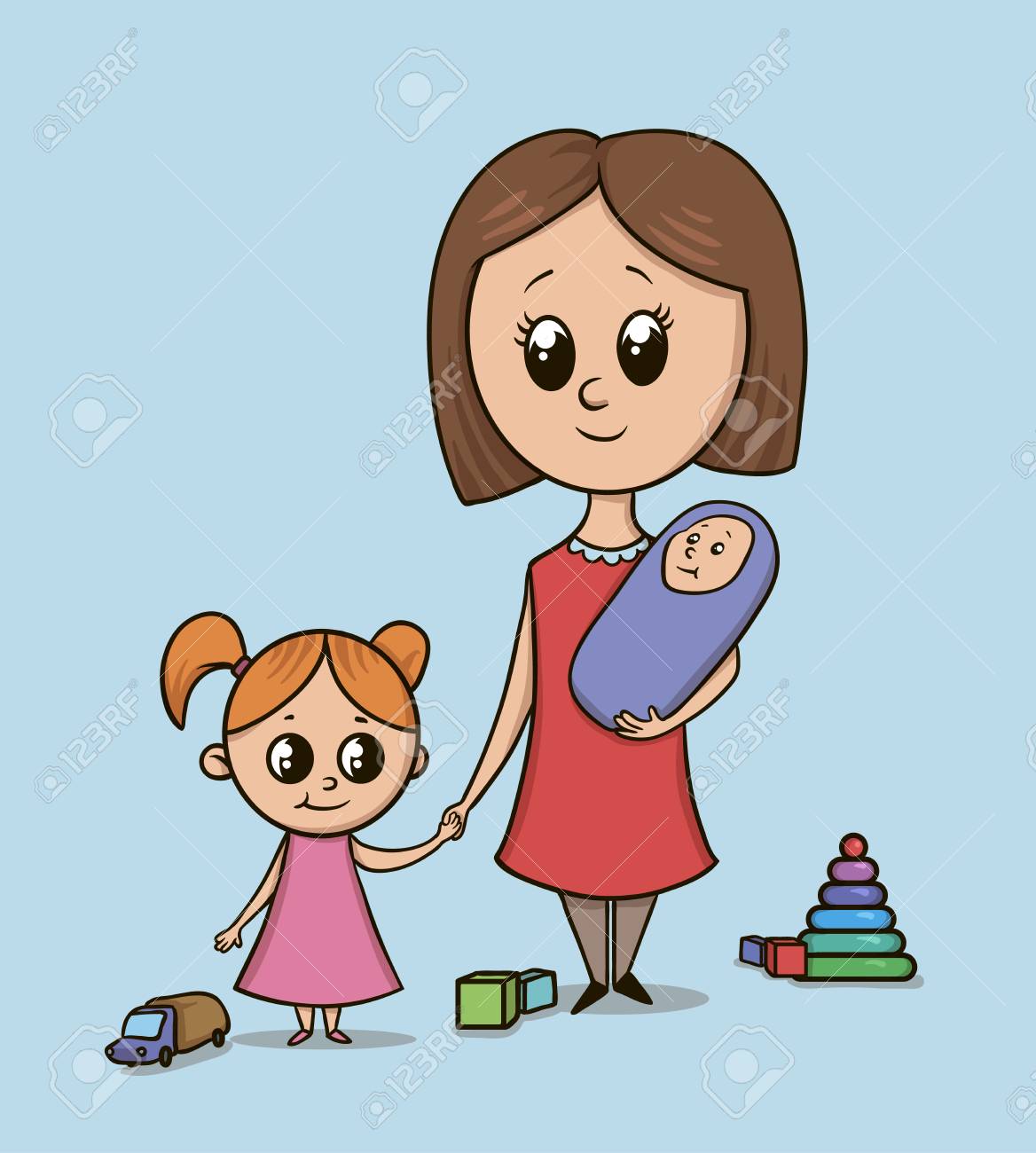 woman with a girl and a baby on a playground among toys babysitter big babysitter