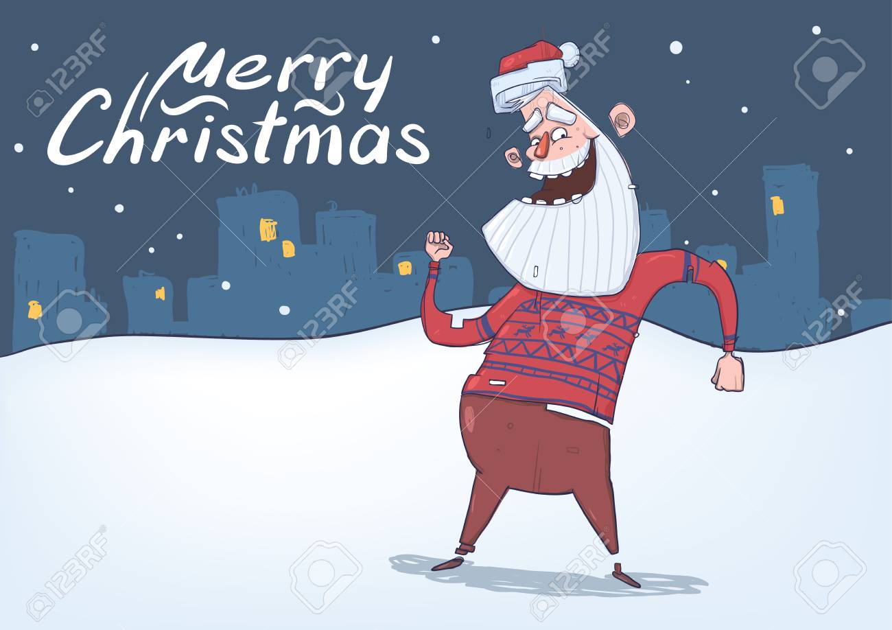Babbo Natale Balla.Vettoriale Cartolina Di Natale Di Santa Claus Divertente Che Sorride E Che Balla Sul Fondo Nevoso Della Citta Di Notte Santa Nelle Mani Delle Onde Del Maglione Dei Cervi Illustrazione Vettoriale