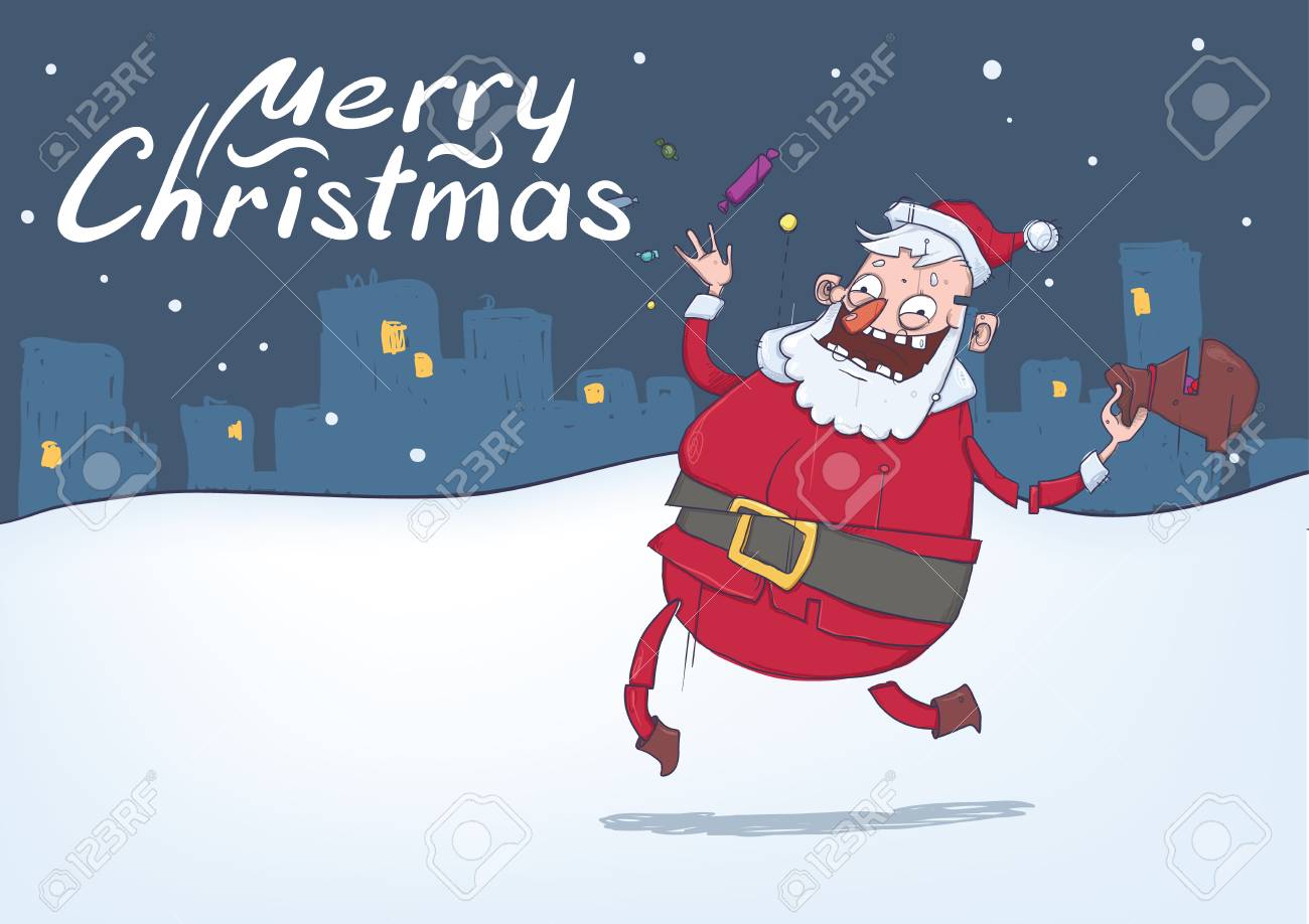 Cartoni Animati Sul Natale.Vettoriale Cartolina Di Natale Di Babbo Natale Sorridente Divertente Sul Fondo Della Citta Di Notte Babbo Natale Porta Doni E Lancia Caramelle In Aria Illustrazione Vettoriale Orizzontale Personaggio Dei Cartoni Animati