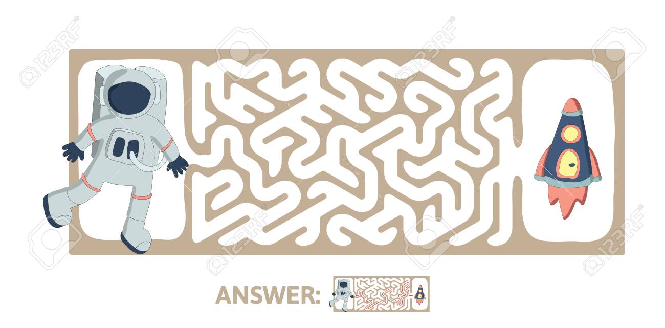 宇宙飛行士とロケットで子供の迷路 子供のためのかわいいパズルゲーム ベクトル迷路のイラスト のイラスト素材 ベクタ Image