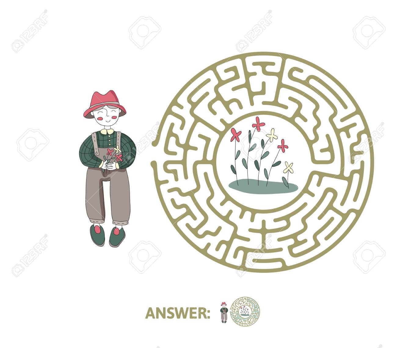 庭師と花と子供の迷路 子供のためのかわいいパズルゲーム ベクトル迷路のイラスト のイラスト素材 ベクタ Image