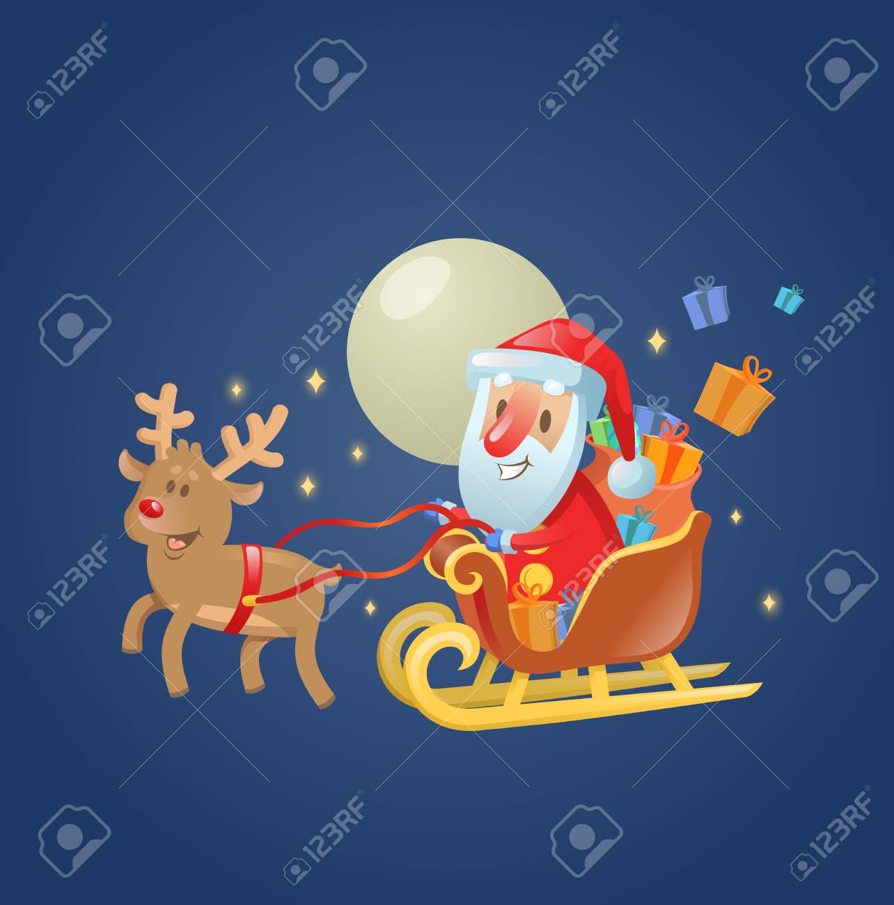santa claus in his christmas sled sleigh with his reindeer across