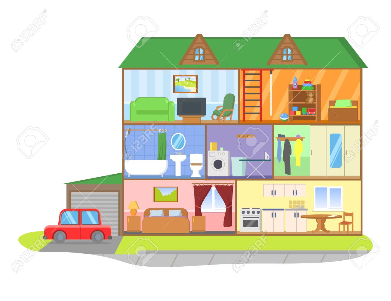 Three-storie House Model Cross Section. Rooms With Furniture, Detailed Interior. Colorful Flat Vector Illustration, Isolated On White Background. Royalty Free SVG, Cliparts, Vectors, And Stock Illustration. Image 147582043. Three-storie House Model Cross Section. Rooms With Furniture, Detailed Interior. Colorful Flat Vector Illustration, Isolated On White Background. Royalty Free SVG, Cliparts, Vectors, And Stock Illustration. Image 147582043.