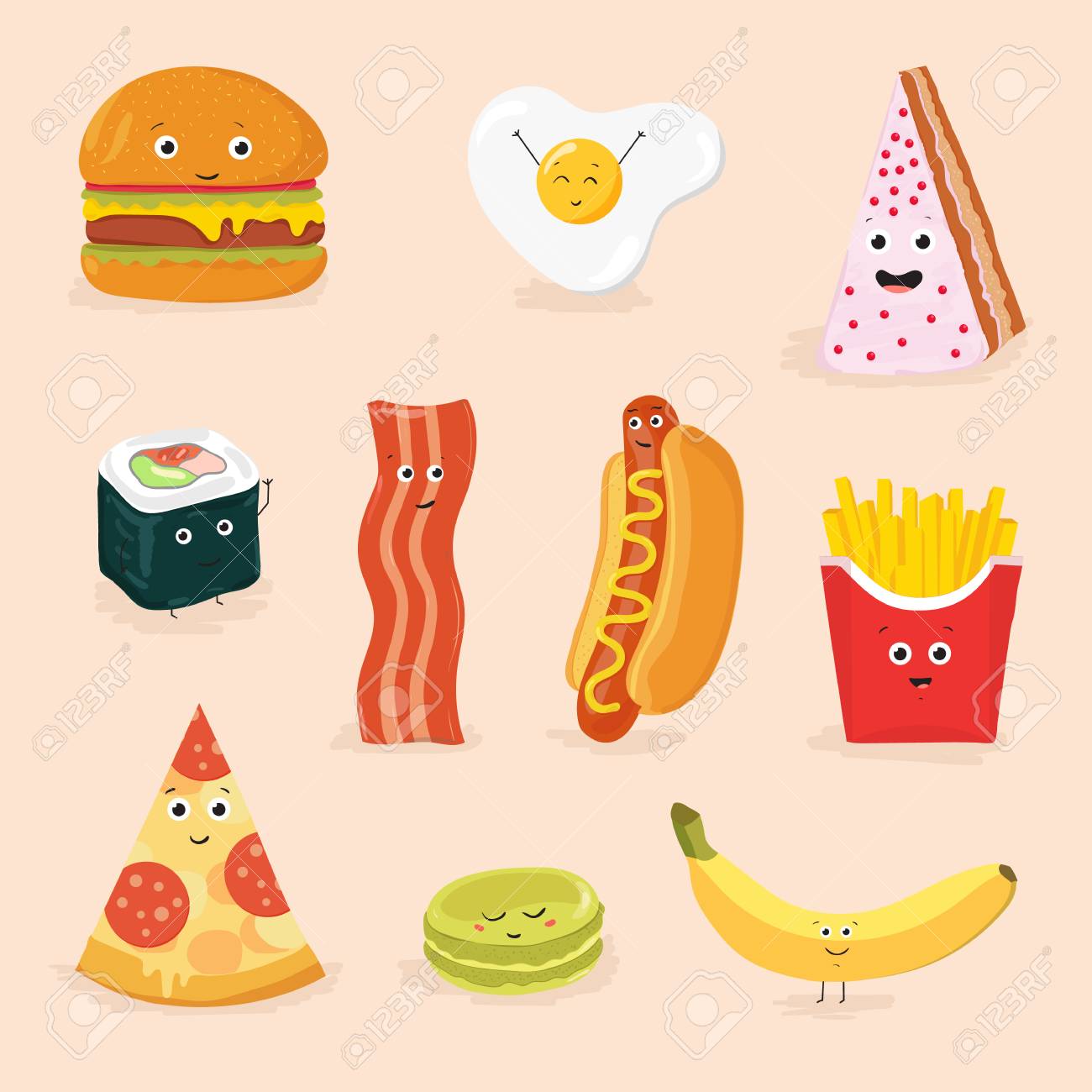 Funny Food Cartoon Characters Isolated Vector Illustration Face
