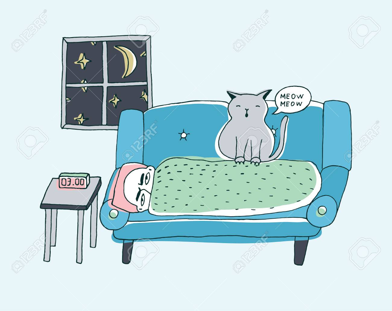 猫は 夜鳴き 所有者を起こします かわいい手描き落書きのイラスト のイラスト素材 ベクタ Image