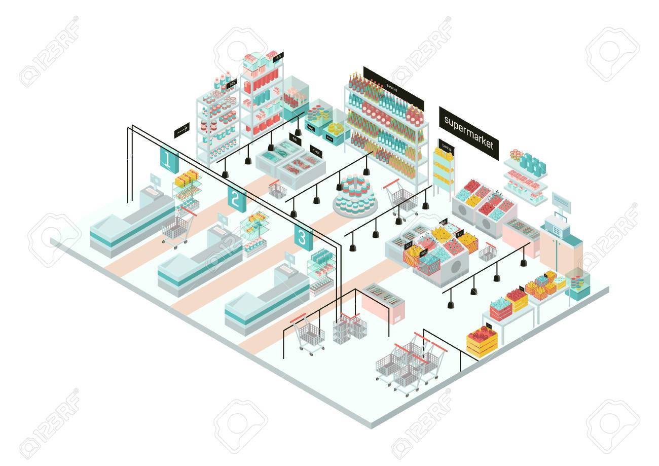 supermarket interior grocery store colorful isometric illustration isometric illustration