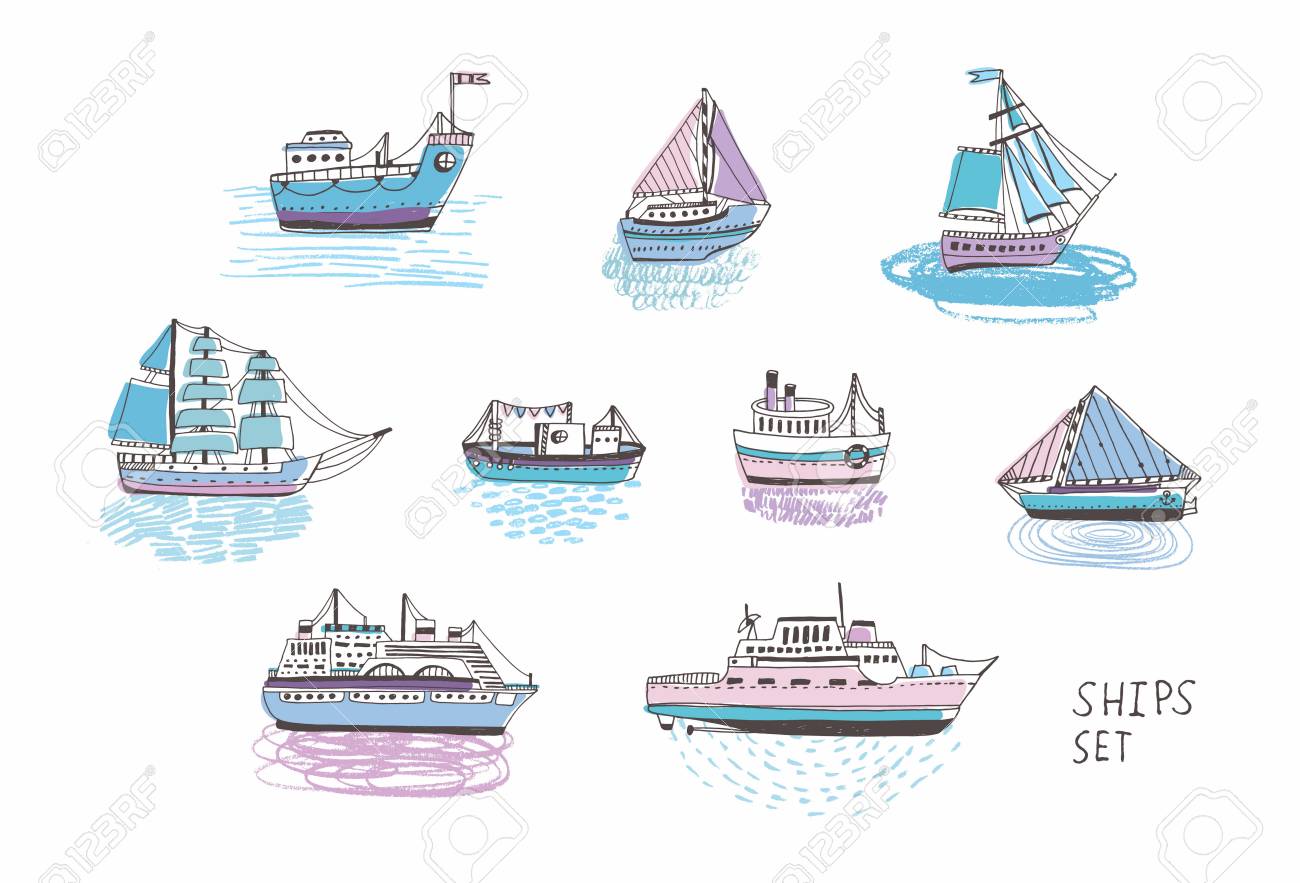 set of different isolated doodle ships yachts boats sailing