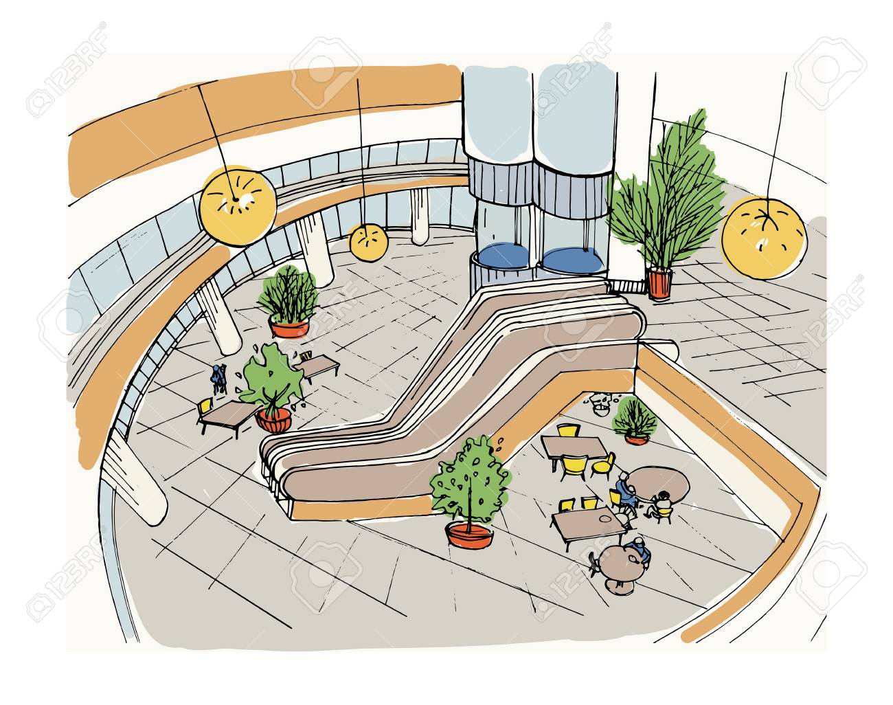Modern Interior Shopping Center, Mall. Top View. Colorful Sketch ... Modern Interior Shopping Center, Mall. Top View. Colorful Sketch ...