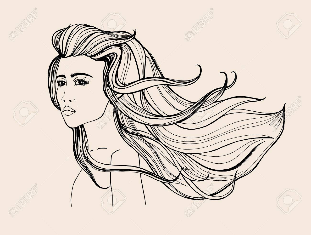 Fashion Portrait Beautiful Girl With Long Flowing Hair Contour Royalty Free Cliparts Vectors And Stock Illustration Image