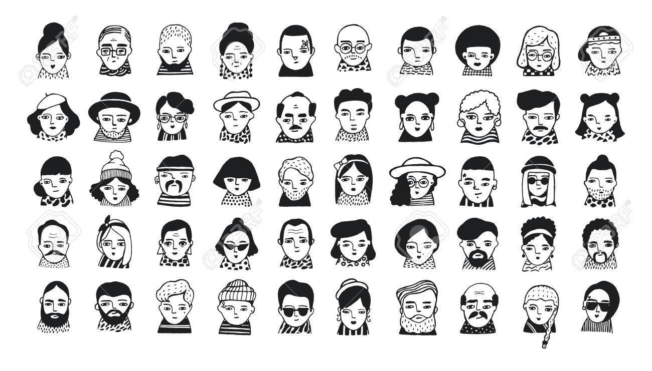 ソーシャル メディアの人々 アバターの大きなセットのウェブサイト 肖像画のおしゃれな女の子や男にいたずら書き トレンディなハンド描画アイコンのコレクション 黒と白のベクトル図です のイラスト素材 ベクタ Image