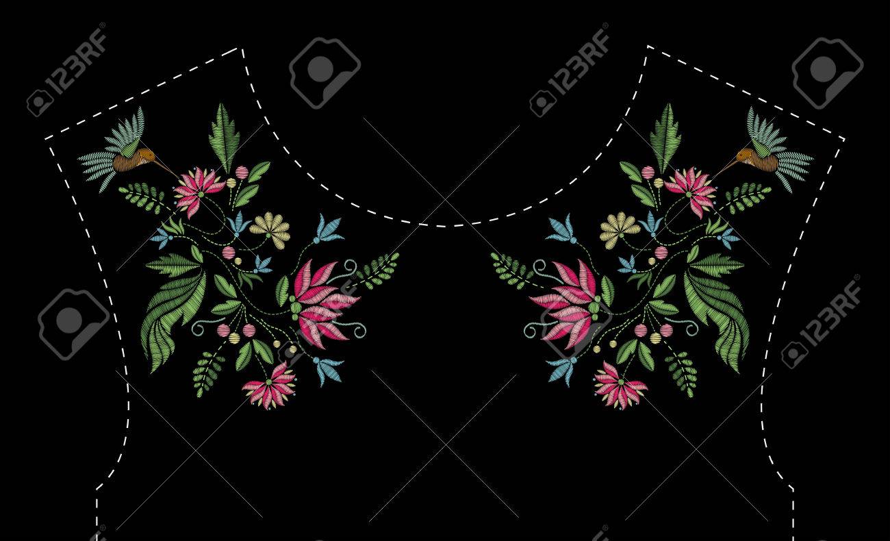 花と鳥とサテンのステッチ刺繍デザイン フォークはライン ドレスのネックラインのトレンディな花柄です エスニック ファッション黒の背景で首の飾り の イラスト素材 ベクタ Image