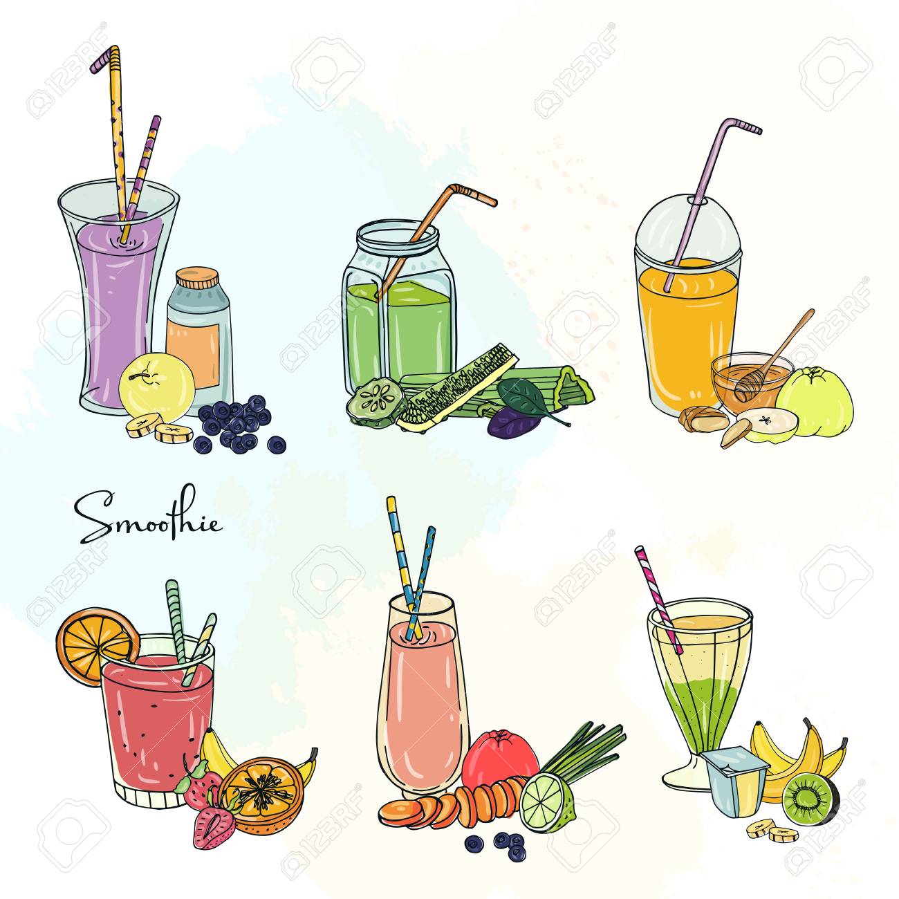 別のスムージー セット 果物 果実 野菜 様々 な夏の飲み物のコレクションです コップ カップ ストローで銀行でカラフルな飲料 手描きの背景イラスト の イラスト素材 ベクタ Image